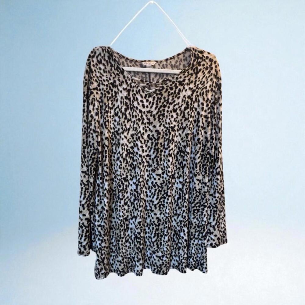 Cato Fashions Brown Animal Print Long Sleeve Blouse Shirt Top Size 14/16W V-Neck